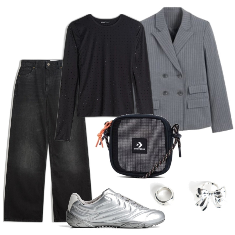 Outfit mujer - Casual look. Estilo Casual para Todos los días. Combinación con blazers, bandoleras, vaqueros, anillos, camiseta, sneakers.