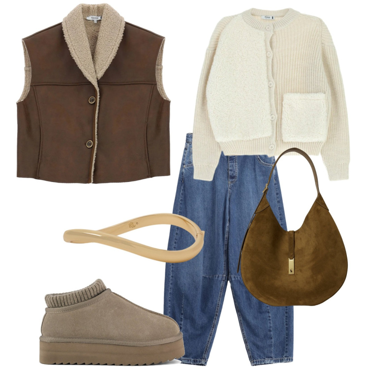 Outfit donna - Aspettando i saldi. Stile Urban per Tutti i giorni. Abbinamento con jeans, gilet, cardigans, borse a spalla, braccialetti, sabot.