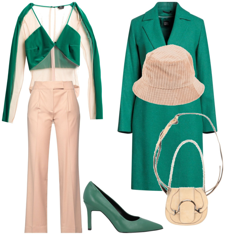 Outfit donna - Audace. Stile 70s per Serata fuori. Abbinamento con body, cappotti, pantaloni, décolleté, marsupi, cappelli.