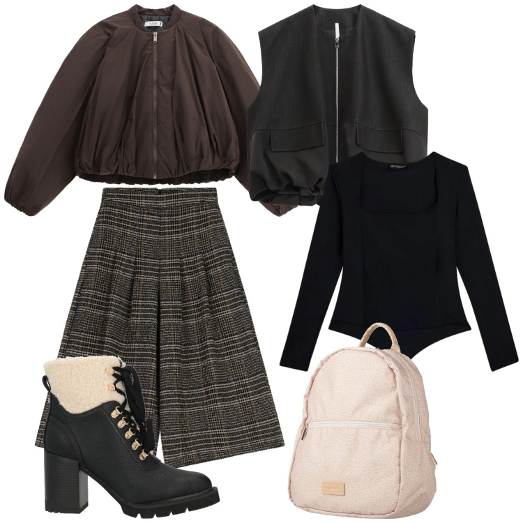 Outfit donna - Casualmente trendy. Stile Trendy per Tutti i giorni. Abbinamento con stivaletti, zaini, cappotti, pantaloni a palazzo, gilet, body.