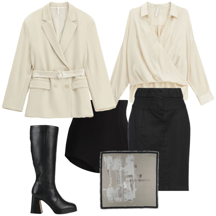 Outfit donna - Per l\'ufficio. Stile Chic per Ufficio. Abbinamento con sciarpe, minigonne, stivali, culotte, camicie, blazer.