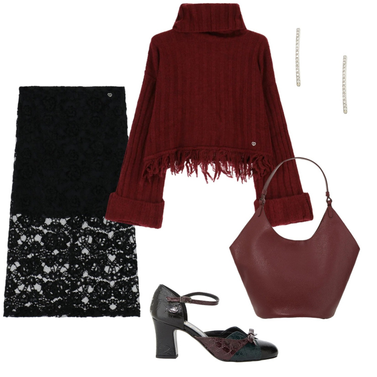 Outfit donna - Please saldi. per Serata fuori. Abbinamento con gonne longuette, maglieria, orecchini, décolleté, borse a spalla.