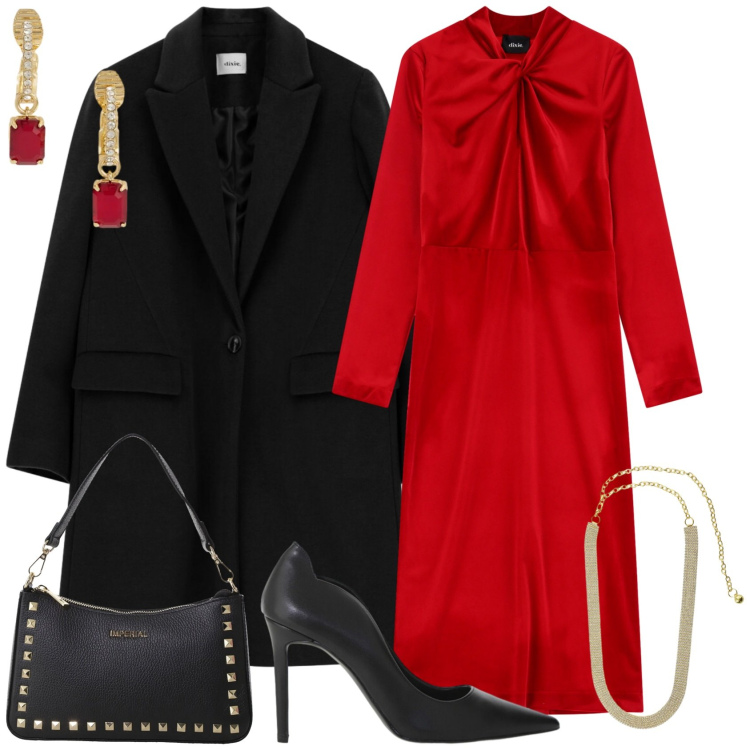 Outfit donna - Saldi Dixie FW25: vigilia di Capodanno. Stile Chic per Serata fuori. Abbinamento con pochette, décolleté, cappotti, cinture, vestiti midi/longuette, orecchini.