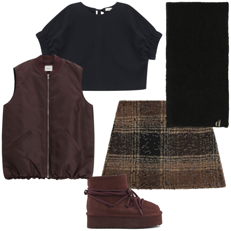 Outfit donna - Dixie brown. Stile Preppy per Tutti i giorni. Abbinamento con piumini, minigonne, sciarpe, felpe, stivaletti.