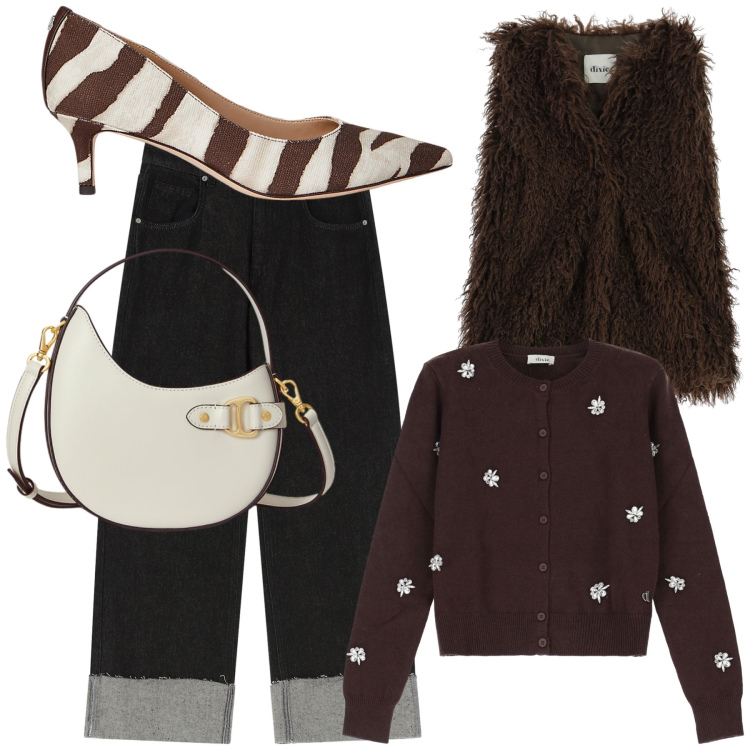 Outfit donna - Dixie chic. Stile Trendy per Ufficio. Abbinamento con borse a tracolla, décolleté, jeans, cardigans, gilet.