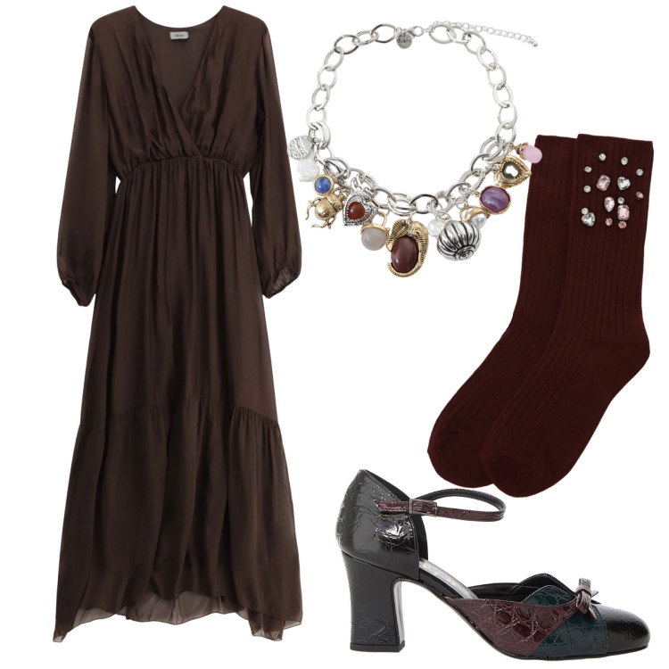 Outfit donna - Dixie night. Stile Glamour per Serata fuori. Abbinamento con décolleté, braccialetti con ciondoli, vestiti lunghi, calzini.