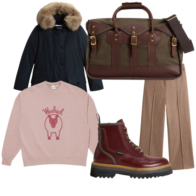 Outfit donna - Total look. Stile Basic per Tutti i giorni. Abbinamento con parka, borse a tracolla, anfibi, felpe, pantaloni.
