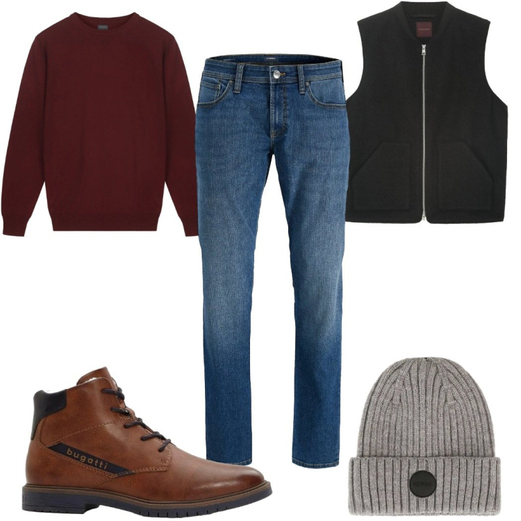 Outfit uomo - Total look #2310606. Stile Casual per Tutti i giorni. Abbinamento con anfibi, jeans, berretti, maglieria, piumini.