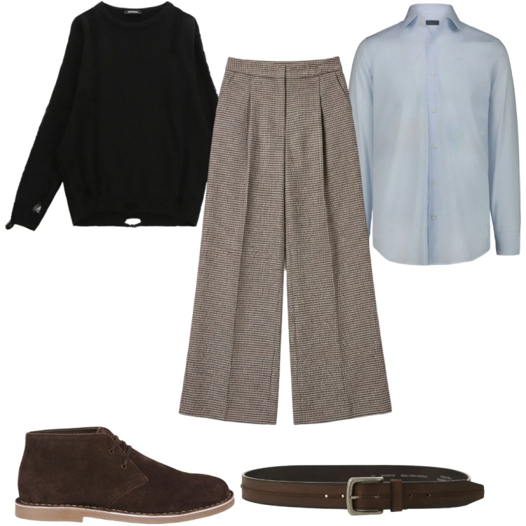 Outfit uomo - Total look #2310608. Stile Casual per Ufficio. Abbinamento con maglieria, cinture, pantaloni a palazzo, stivali e stivaletti, camicie.