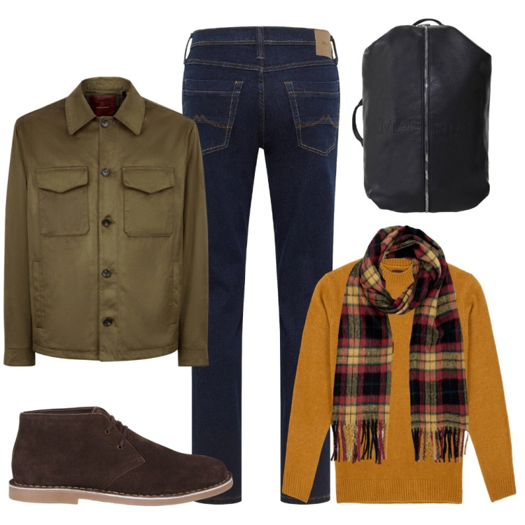 Outfit uomo - Max: in ufficio. Stile Urban per Ufficio. Abbinamento con jeans dritti, borse sportive, giacche, stivali e stivaletti, sciarpe, maglieria.