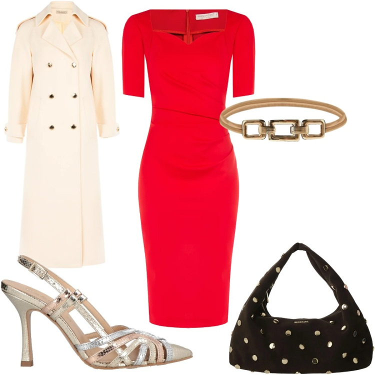 Outfit donna - Eleganza al cenone : innrosso e oro. Stile Glamour per Serata fuori. Abbinamento con décolleté, borse a spalla, cinture, vestiti a tubino, cappotti.
