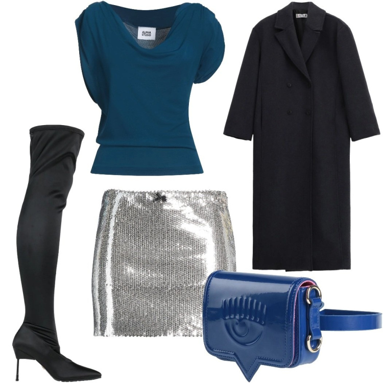 Outfit donna - Eleganza al cenone: argento e blu. Stile Trendy per Serata fuori. Abbinamento con stivali, marsupi, top, minigonne, cappotti.