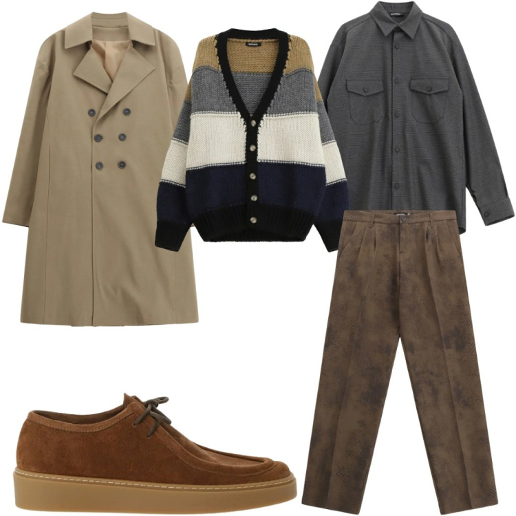 Outfit uomo - Total look #2310613. Stile Casual per Tutti i giorni. Abbinamento con pantaloni, trench, camicie, scarpe stringate, cardigans.