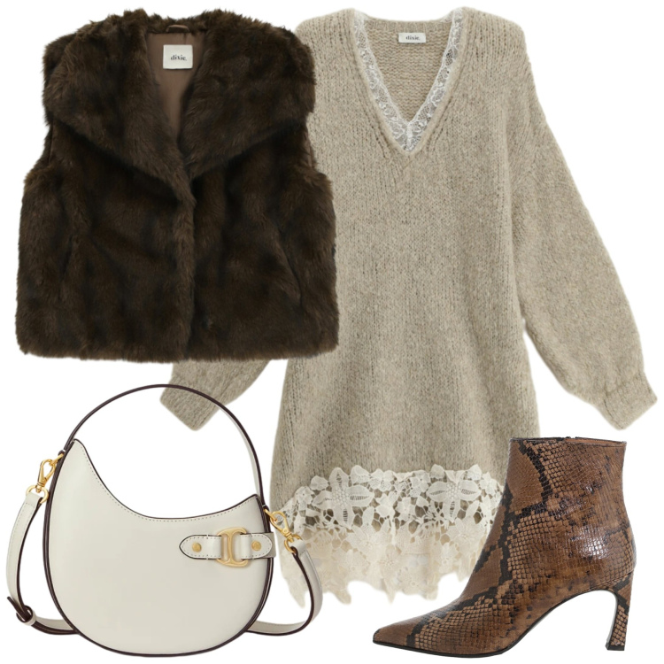 Outfit donna - Incantevole morbidezza. Stile Glamour per Tutti i giorni. Abbinamento con borse a tracolla, vestiti corti, stivaletti, camicie.