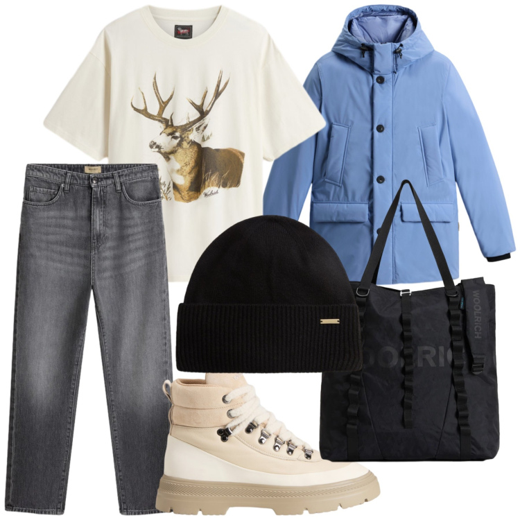 Outfit donna - Che bel tepore in Woolrich. Stile Basic per Tutti i giorni. Abbinamento con jeans, borse tote, t-shirt, berretti, parka, anfibi.
