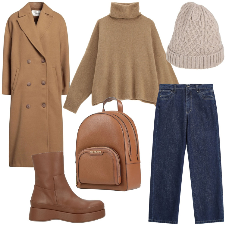 Outfit donna - Il cappotto cammello evergreen. Stile Urban per Tutti i giorni. Abbinamento con zaini, cappelli, stivaletti, cappotti, maglieria, jeans dritti.