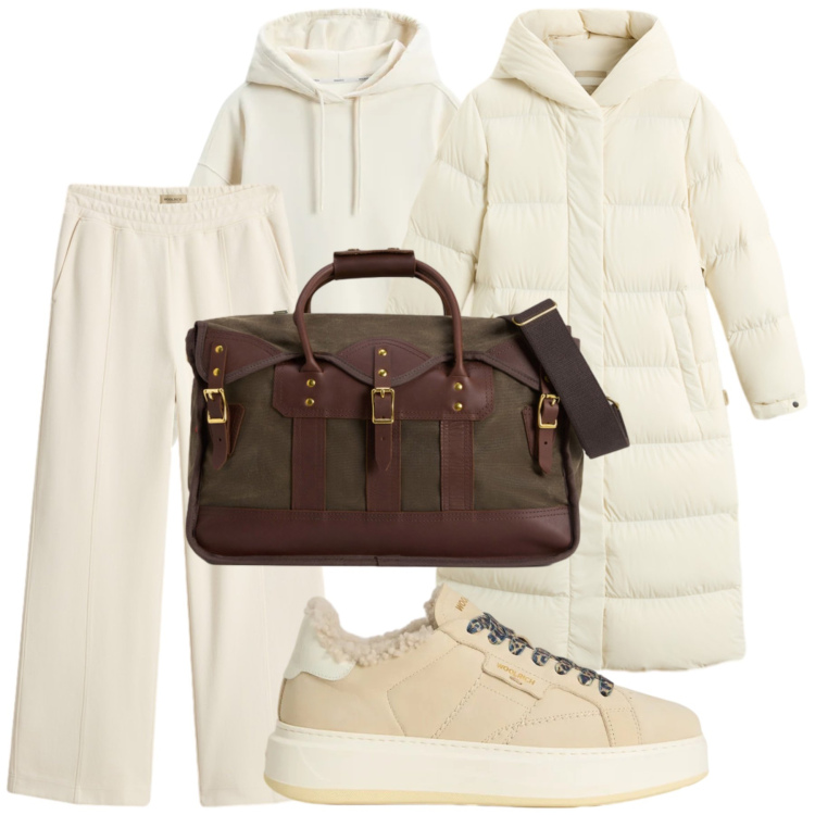 Outfit donna - Woolrich caffè con panna. Stile Urban per Tutti i giorni. Abbinamento con borse a tracolla, piumini, pantaloni, sneakers, felpe con cappuccio.