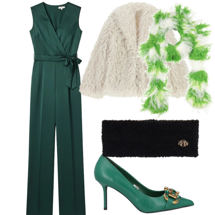 Outfit donna - Insolito verde a Capodanno. Stile Chic per Serata fuori. Abbinamento con sciarpe, décolleté, ecopellicce, tute, fasce per capelli.