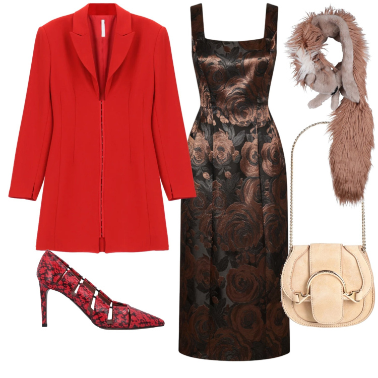 Outfit donna - Abito in velluto gia’ scontato. Stile Glamour per Cerimonia. Abbinamento con sciarpe, marsupi, décolleté, vestiti corti, vestiti.