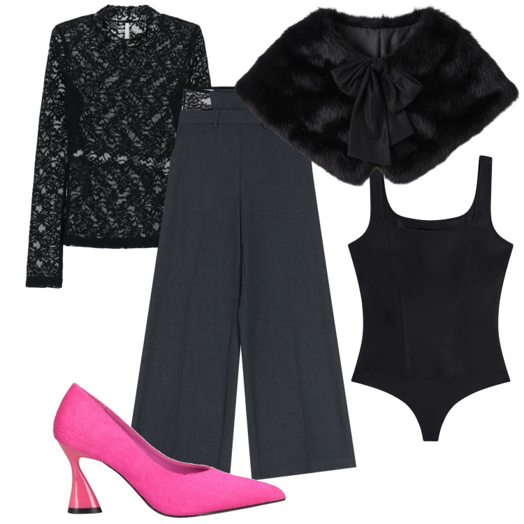 Outfit donna - La scarpa fluo che ravviva. Stile Trendy per Serata fuori. Abbinamento con décolleté, bluse, pantaloni a palazzo, body, stole.