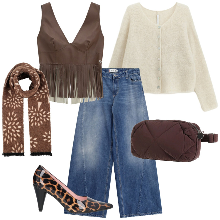 Outfit donna - Osare in jeans. Stile Casual chic per Serata fuori. Abbinamento con sciarpe, décolleté, marsupi, top, jeans, cardigans.