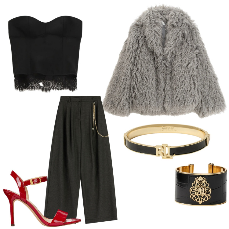 Outfit donna - Total look #2310649. Stile Bon Ton Abbinamento con pantaloni a palazzo, top, ecopellicce, sandali col tacco, braccialetti, braccialetti.