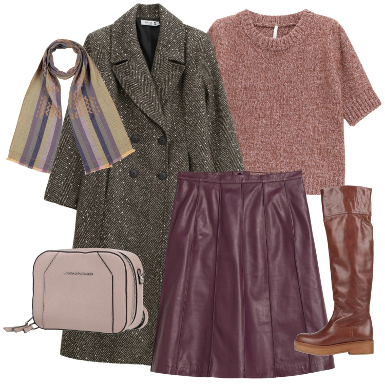 Outfit donna - Toni armoniosi. Stile Bon Ton per Tutti i giorni. Abbinamento con gonne, marsupi, sciarpe, stivali, cappotti, maglieria.