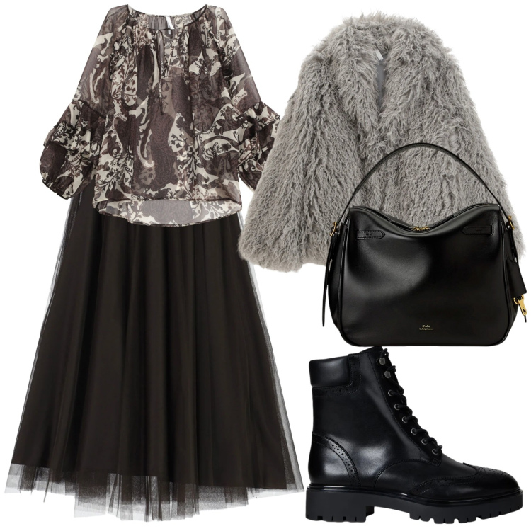 Outfit donna - Gonna lunga e anfibi. Stile Casual chic per Tutti i giorni. Abbinamento con gonne lunghe, camicie, ecopellicce, anfibi, borse a mano.