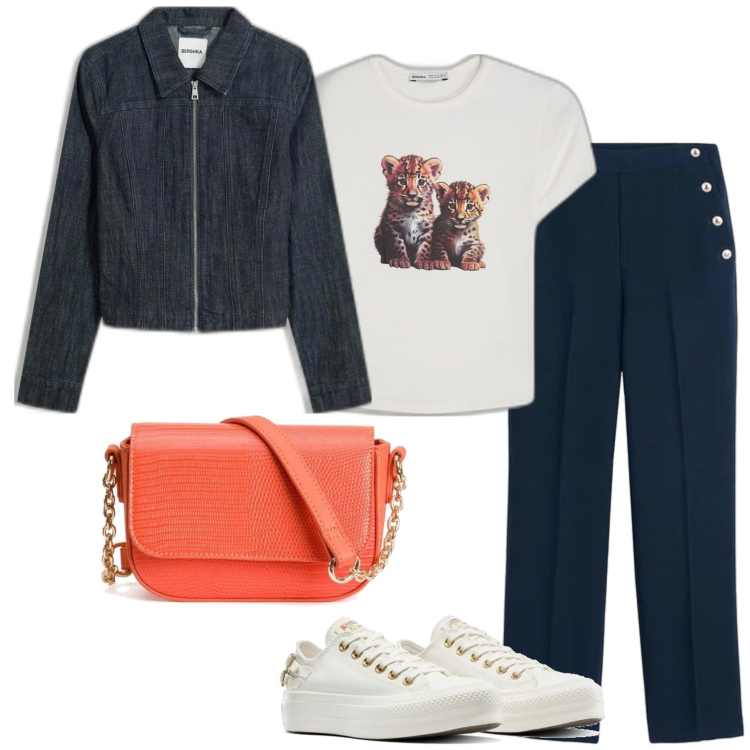 Outfit mujer - Casual #14010. Estilo Casual para Todos los días. Combinación con pantalones, bandoleras, sneakers, blazers, camiseta.