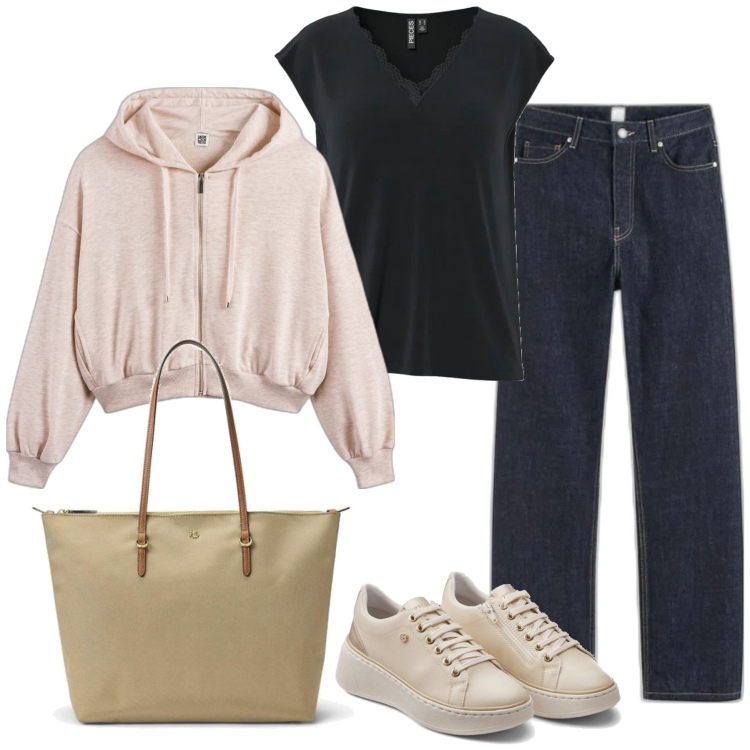 Outfit mujer - Casual #14011. Estilo Casual para Todos los días. Combinación con sneakers, vaqueros rectos, camiseta, bolso tote, sudaderas con capucha.