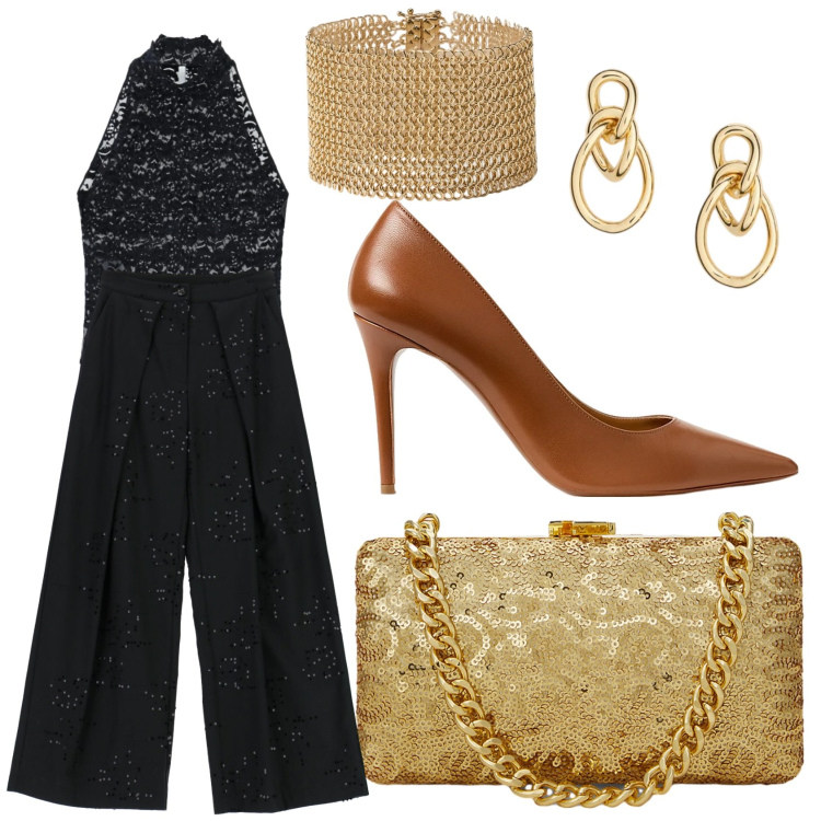 Outfit donna - Capodanno d\'Oro. Stile Glamour per Serata fuori. Abbinamento con top, pantaloni a palazzo, décolleté, orecchini, braccialetti, clutch.