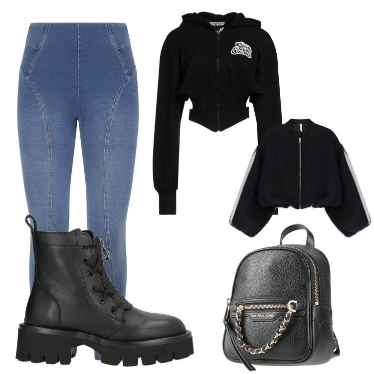 Outfit donna - Tutti i giorni in jeans. Stile Urban per Scuola/Università. Abbinamento con zaini, anfibi, felpe con cappuccio, bomber, jeggings.