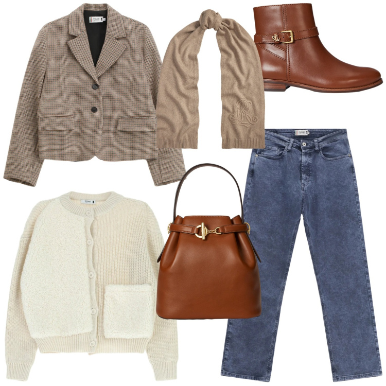 Outfit donna - Winter look inspiration. Stile Casual chic per Tutti i giorni. Abbinamento con blazer, jeans dritti, cardigans, borse a secchiello, stivaletti, sciarpe.
