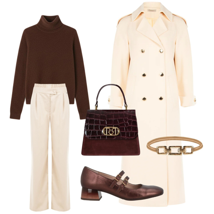 Outfit donna - Total look #2310664. Stile Glamour Abbinamento con décolleté, pullovers, pantaloni a palazzo, cappotti, cinture, borse a mano.