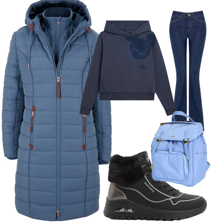 Outfit donna - Università in bleu. Stile Casual per Scuola/Università. Abbinamento con zaini, blazer, sneakers alte, jeans a zampa, felpe con cappuccio.