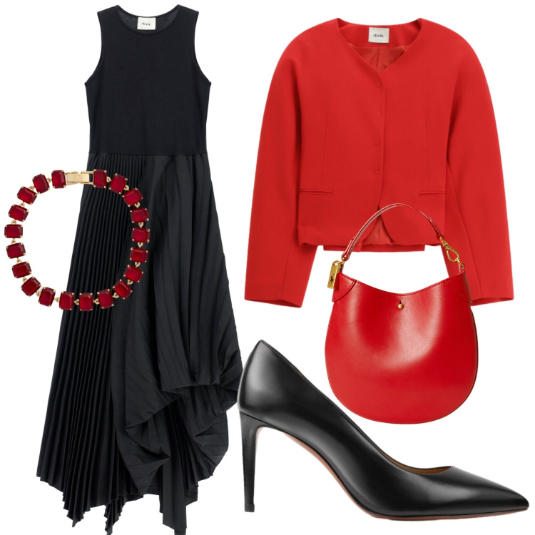 Outfit donna - Serata del 31. Stile Chic per Serata fuori. Abbinamento con braccialetti, décolleté, pochette, vestiti lunghi, blazer.