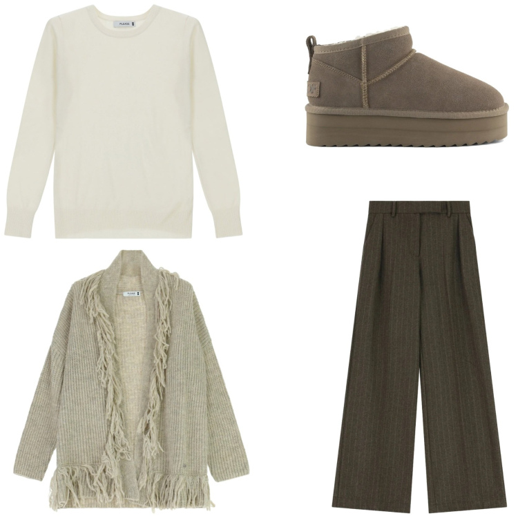 Outfit donna - Relax in casa dopo le feste. Stile Casual chic per Tutti i giorni. Abbinamento con cardigans, maglieria, pantaloni a palazzo, stivaletti.
