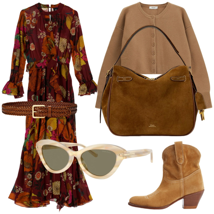 Outfit donna - Etnico e chic. Stile Etnico per Tutti i giorni. Abbinamento con cardigans, vestiti lunghi, borse a mano, cinture, occhiali da sole, stivaletti.