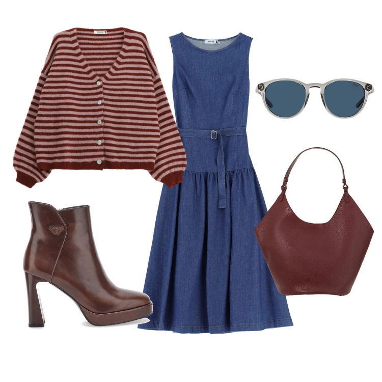 Outfit donna - Pensando alla bella stagione in denim. Stile Trendy per Tutti i giorni. Abbinamento con vestiti lunghi, cardigans, occhiali da sole, borse a spalla, stivaletti.