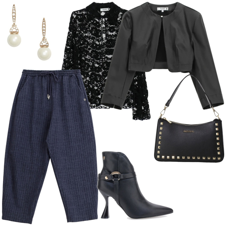 Outfit donna - Please saldi. per Serata fuori. Abbinamento con jeans, camicie, blazer, pochette, orecchini, stivaletti.