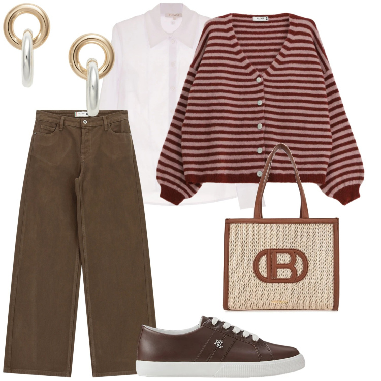 Outfit donna - Please saldi. per Tutti i giorni. Abbinamento con pantaloni a palazzo, cardigans, camicie, orecchini, sneakers, borse a spalla.