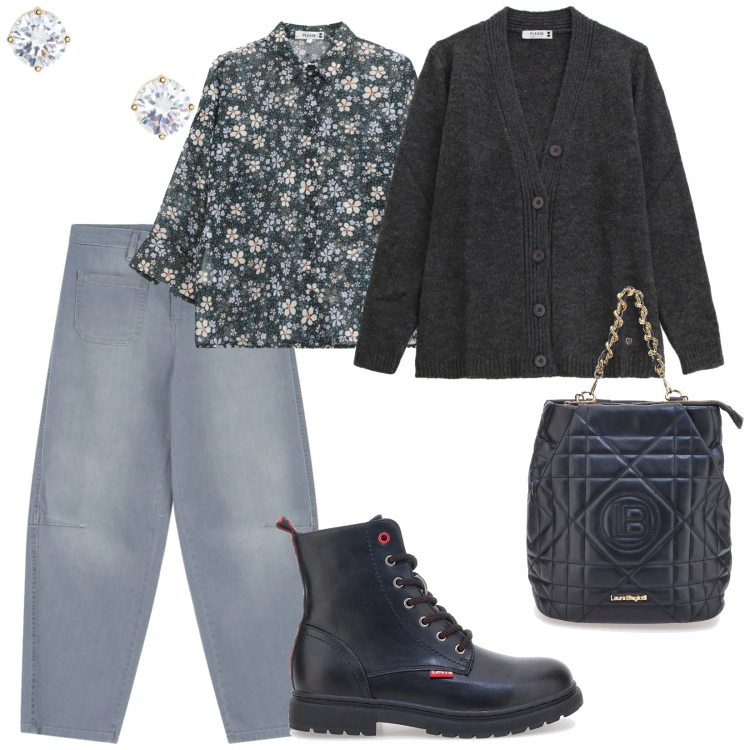 Outfit donna - Please saldi. per Tutti i giorni. Abbinamento con camicie, cardigans, jeans, orecchini, anfibi, zaini.