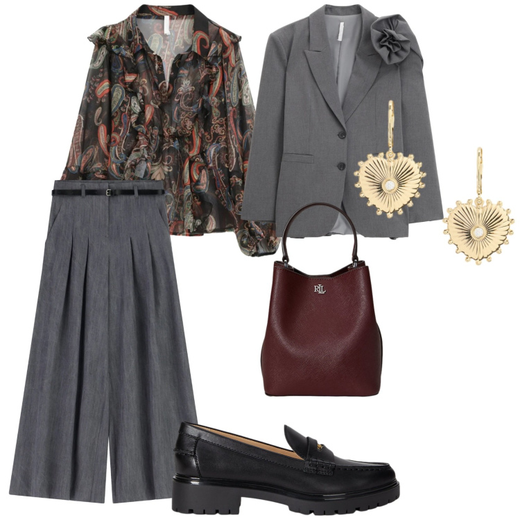 Outfit donna - Imperial saldi. per Ufficio. Abbinamento con camicie, blazer, pantaloni a palazzo, orecchini, borse a secchiello, mocassini.