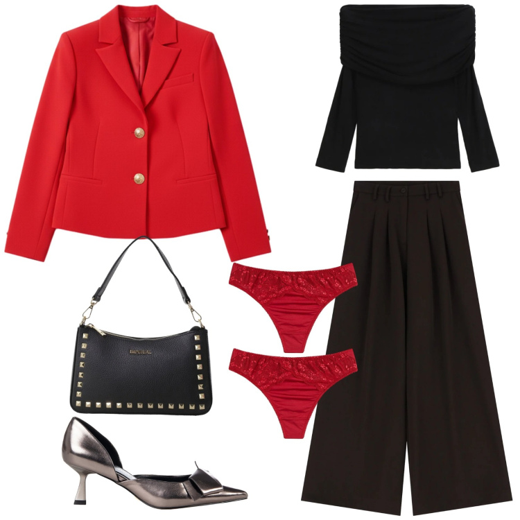 Outfit donna - Total look #2310684. Stile Chic per Serata fuori. Abbinamento con perizomi, pantaloni, pochette, maglieria, décolleté, blazer.