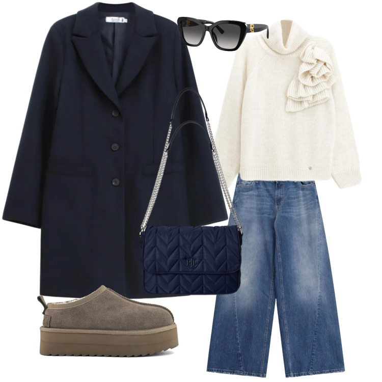 Outfit donna - Total look #2310691. Stile Casual chic per Ufficio. Abbinamento con cappotti, maglieria, jeans, borse a tracolla, occhiali da sole, sabot.