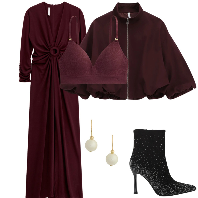 Outfit donna - Pinot Nero. Stile Bon Ton per Serata fuori. Abbinamento con vestiti lunghi, stivaletti, bomber, reggiseni, orecchini.