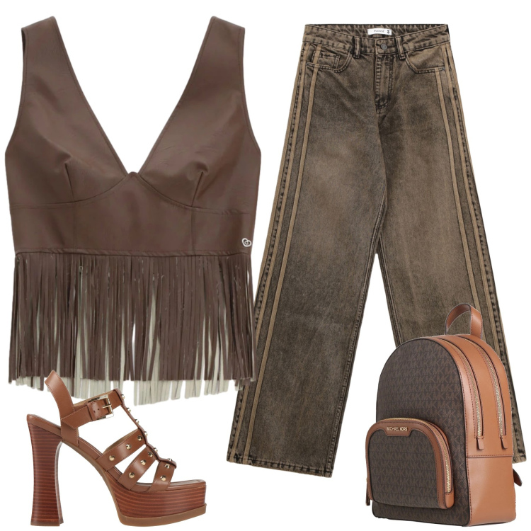Outfit donna - Cowgirl. Stile Casual chic per Serata fuori. Abbinamento con zaini, sandali in pelle, jeans, top.