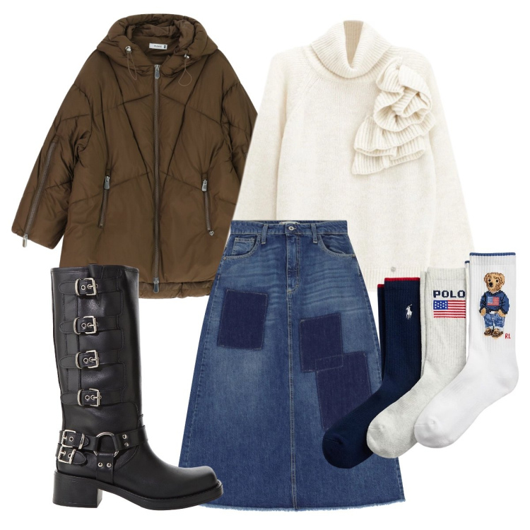 Outfit donna - Winter look gonna denim. Stile Urban per Tutti i giorni. Abbinamento con piumini, maglieria, gonne lunghe, calzini, stivali.