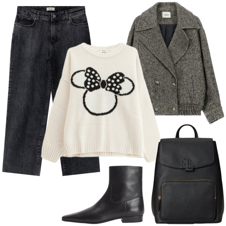 Outfit donna - Jeans neri. Stile Casual chic per Tutti i giorni. Abbinamento con jeans dritti, cappotti, maglieria, zaini, stivaletti.