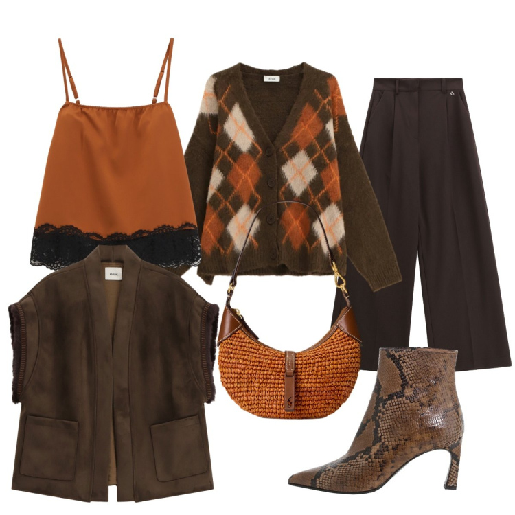 Outfit donna - Dalla collezione Dixie. Stile Glamour per Tutti i giorni. Abbinamento con borse a spalla, gilet, stivaletti, top, pantaloni a palazzo, cardigans.